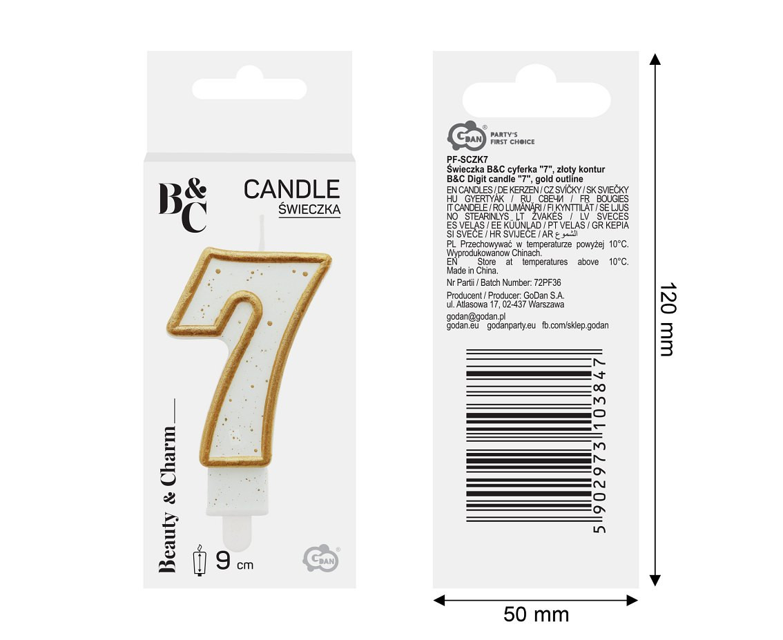 Digit candle "7", gold outline, 8 cm